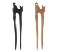 FloralGrace 2 bacchette per capelli a forma di U in legno, fatte a mano, francesi con simpatici gatti, 2 forcine in legno vintage in zinco (nero+marrone)