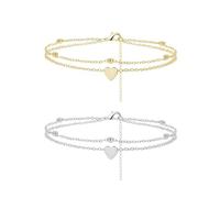 FloralGrace 2 pezzi cavigliera placcata oro 14K cuore per donne, cavigliera argento per donne, resistente all'acqua a più file, gioielli regolabili in oro argento