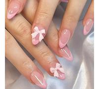 FloralGrace 24 Stück Französischer Nägel Zum Aufkleben unghie finte a pressione con Nagelkleber Perle Schleife Herz Charm Designs mittellang Künstliche Fingernägel (rosa)