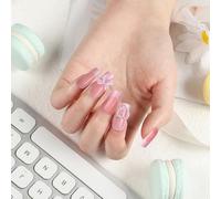 FloralGrace 24Pcs French Tip Press on Square Long Pearl Flower Bow Heart Charm Designs Glossy Nails Artificiali Autoadesivi Press on Nails Per Donne E Ragazze