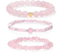 FloralGrace 3 Pezzi Braccialetti di Quarzo Rosa per Donne 8mm Braccialetto di Quarzo Rosa Perle in Pietra Naturale Braccialetti Fatti a Mano Elasticizzati