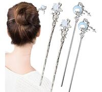 FloralGrace 4 bacchette per capelli con luna e stella in metallo e argento, stile retrò, multicolore, con stelle, 4 pezzi (confezione da 4) da 17,2 cm, 59 g