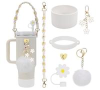 FloralGrace 7 accessori Stanley Cup con 1 coperchio in paglia, in silicone, accessori da 40 oz non inclusi (bianco)