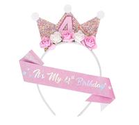 FloralGrace Corona di Compleanno e Cintura 4 Anni per Ragazza, Multicolore, XL