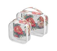 Floralmorphic - Beauty case trasparente con lettera P, peonia rossa, stile acquerello, confezione da 2, approvata TSA, impermeabile, conforme alle norme aeroportuali