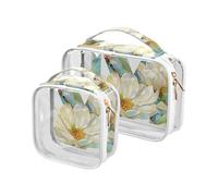 Floralmorphic Lettera M Bianco Magnolia Fiore Acquerello Stile 2 Pack Trasparente Toiletry Bag TSA Approvato Riutilizzabile Piccola Borsa Cosmetici Essenziali Rasatura