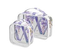 Floralmorphic Lettera W viola chiaro fiore di glicine stile acquerello confezione da 2 pezzi trasparente da uomo borsa da toilette approvata TSA piccola borsa per il trucco essenziale per la rasatura