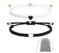 FloraMolly Bracciale Amicizia Donna, 2 pz Regolabile Handmade Nero Braccialetto Cuore Bianco per Sorella Miglior Amico Close Friend, con un Sacchetto di Stoccaggio Grigio