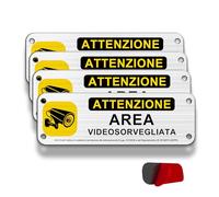 FloraVigo Cartello Videosorvegliata Alluminio Spazzolato 15x5cm, Adesivo Area Videosorvegliata Metallo di Piccole Dimensioni, piastra di allarme con adesivi (02-AAV (15x5cm) x 4)