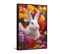 Floreale Coniglio Tela Arte Della Parete Vibrante Animale Scenario Immagine Decor Coniglietto Poster Pittura per Soggiorno Home Office Opera D'arte Stampa 60x92cm con Cornice Nera