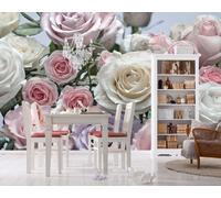 Floreale Sala da Pranzo Foto Parati 368x254cm Rosa Fiori & Bianco Decorazione