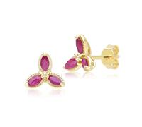 Floreale Taglio Marquise Rubino Bottone Orecchini IN 9ct Oro Giallo
