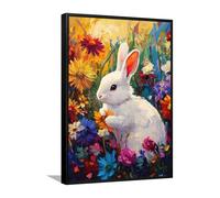 Floreale Vibrante Coniglio Tela Arte Della Parete Coniglietto Immagini Opere d'Arte Stampe Natura Poster Pittura Amanti degli Animali per Soggiorno Home Decor 60x92cm con Cornice Nera