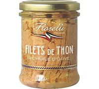 Florelli Filetti di tonno con olio d'oliva. - Il vetro trasparente da 140 g è scolato