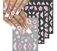 Floruvia 5D Rilievo Floreale Adesivi Per Unghie Art, 4 Pezzi Adesivi Autoaderenti Rosa e Bianchi, Decalcomanie Floreali Fiori di Ciliegio Farfalla