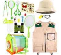 Flotory 17 pezzi Kids Explorer Costume Set include 1 Adventure Vest 14 Bug Hunting Tools Kit1 Cappello 1 Binocolo Verde per Ragazzi Ragazze Outdoor Educativo Jungle Safari