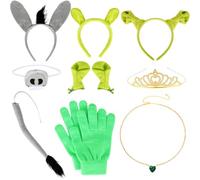 Flotory Set di 9 accessori per costume da principessa asino mostro verde con fascia verde orecchie da asino e guanti da coda collana per Halloween cosplay costume