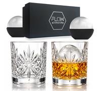 FLOW Barware Set di 2 bicchieri da whisky | Set regalo di bicchieri da whisky in cristallo | Bicchieri tumbler pesanti per Scotch, Bourbon, Negroni, Rum. Con stampi per palline di ghiaccio