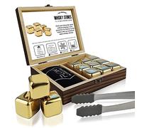 Flow Barware - Set regalo di oro pietre da whisky in acciaio INOX con pinze per ghiaccio e custodia, riutilizzabili in metallo per evitare la diluizione di whisky, rum, brandy, vino e gin drink.
