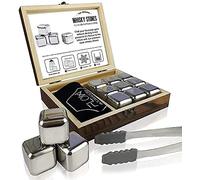 Flow Barware - Set regalo in pietra di whisky in acciaio inossidabile con pinze per il ghiaccio e custodia, cubetti di ghiaccio in metallo riutilizzabili per prevenire la diluizione di whisky, rum