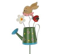 Flower Bed Decor Stakes - 13 Inch Garden Yard Markers | Metal Rustic Art - Waterproof rustproof hand painted bunny watering can ladybug flower stakes accents for gardens balconies and indoor plants.