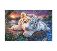Flower Bush Lying White Tiger Rompicapo 1000 Pezzi Per Regalo Di Battesimo Cartone Spesso Per Bambini Flora Rock Meadow Tema Baby Per Attività Educativa Con Confezione Regalo Da Passatempo 1000 PCS
