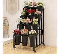 Flower Cart Display Stand with Wheels, Metal Flower Display Stand, Moving Flower Bouquet Holder for Farmers Market Stand, Flower Bar Event Decor Wedding Black Frame, Black Bucket 4-Tier (12 Bins)