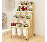 Flower Cart Display Stand with Wheels, Metal Flower Display Stand, Moving Flower Bouquet Holder for Farmers Market Stand, Flower Bar Event Decor Wedding Gold Frame, White Bucket 4-Tier (12 Bins)
