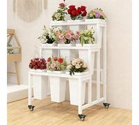 Flower Cart Display Stand with Wheels, Metal Flower Display Stand, Moving Flower Bouquet Holder for Farmers Market Stand, Flower Bar Event Decor Wedding White Frame, White Bucket 3-Tier (9 Bins)