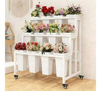 Flower Cart Display Stand with Wheels, Metal Flower Display Stand, Moving Flower Bouquet Holder for Farmers Market Stand, Flower Bar Event Decor Wedding White Frame, White Bucket 3-Tier (12 Bins)