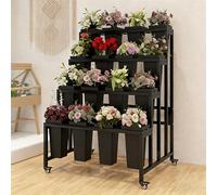 Flower Cart Display Stand with Wheels, Metal Flower Display Stand, Moving Flower Bouquet Holder for Farmers Market Stand, Flower Bar Event Decor Wedding Black Frame, Black Bucket 4-Tier (16 Bins)