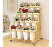 Flower Cart Display Stand with Wheels, Metal Flower Display Stand, Moving Flower Bouquet Holder for Farmers Market Stand, Flower Bar Event Decor Wedding Gold Frame, White Bucket 4-Tier (16 Bins)