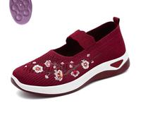 Flower Embroidered Slip On Knitting Flat Loafers for Women Comfortable Soft Sole Tennis Shoes Breathable Mesh Comfy Platform Non Slip Walking Sneakers (Red,36)