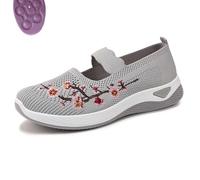 Flower Embroidered Slip On Knitting Flat Loafers for Women Comfortable Soft Sole Tennis Shoes Breathable Mesh Comfy Platform Non Slip Walking Sneakers (Gray,36)