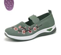Flower Embroidered Slip On Knitting Flat Loafers for Women Comfortable Soft Sole Tennis Shoes Breathable Mesh Comfy Platform Non Slip Walking Sneakers (Green,37)