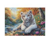 Flower Field Lying White Tiger Puzzle 300 Pezzi Luminosi Rotondi Cartone Rigido Per Adulti Per Decorazione Murale E Serate in Casa Con Poster Incluso Edizione Esclusiva 300 PCS