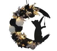 Flower Moon Door Ghirth - Halloween Ghirth illuminata con design per gatti e luna | Decorazione del portico anteriore per uso esterno interno, ornamento sospeso stagionale per porta, soggiorno, mensol