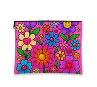 Flower Power - Astuccio da donna in tela con cerniera, per cosmetici, colorato, retrò, floreale, ideale per la cura della pelle, pesca, 7x9 Inch, Fiori