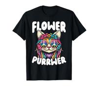Flower Purrwer Hippie Cat Retro Arcobaleno Groovy Art Maglietta