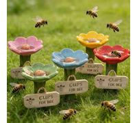 Flower-Shaped Ceramic Bee Watering Station, Bee and Butterfly Feeder for Garden Bees Pollinator Feeder Drinking Cup with Stake Base Bath for Bees Outdoor FeederFor Thirsty Pollinators (5pcs)