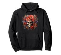 Flower Skull Decor Floral Goth Skull with Red Poppy Flowers Felpa con Cappuccio