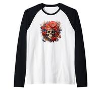 Flower Skull Decor Floral Goth Skull with Red Poppy Flowers Maglia con Maniche Raglan