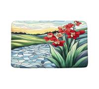 Flower Stained Glass Art Boho Spring Red Flower Green Leaves Rustic Country Field Woods Tree Nature Plant Western Abstract Zerbino Ingresso Antiscivolo Tappeto Da Bagno Tappeti Da Bagno 40X60Cm