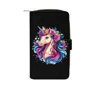 Flower Un-icorn - Portafoglio lungo da donna, in pelle PU, organizer per ufficio e viaggio