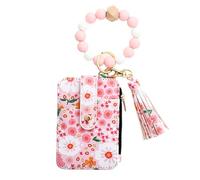 Flower Wallet Purse - Keychain Wristlet Wallet with Folded Edge | Lovely Faux Leather Small Credit Card Holder | Silicone Bracelet Wallets for ID and Keys | Floral Aesthetic Card Holder for Women