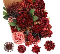 Floweroyal Fiori Artificiali Fiori di Seta Borgogna Rose Dalia con Steli per Bouquet da Sposa, Baby Shower, Disposizione floreale, Centrotavola, Decorazioni per la casa.
