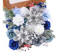 Floweroyal Poinsettia - Fiori artificiali di Natale, rose finte in seta, con steli, per bouquet da sposa, centrotavola, decorazioni natalizie per la casa (argento, blu, bianco)