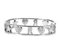 Flowers Bracciale Rigido a Manetta Interamente in Acciaio e zirconcini con Lettera Iniziale Nome e cuori Colorazioni Oro e Argento (Argentato, R)
