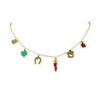 Flowers Collana in Acciaio color Oro o Argento Portafortuna con Ciondoli Corno Rosso, Quadrifoglio, Coccinella, Ferro di Cavallo, Campanella Capri e zirconcini Punti luce (13 Dorata)