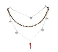 Flowers Collana Multifilo Portafortuna in Acciaio. 3 Fili con ciondoli Corno Rosso, Cuore e Stella. Un Filo di Piccoli Cristalli sfaccettati e Colorati. Elegante Idea Regalo (Bronze)
